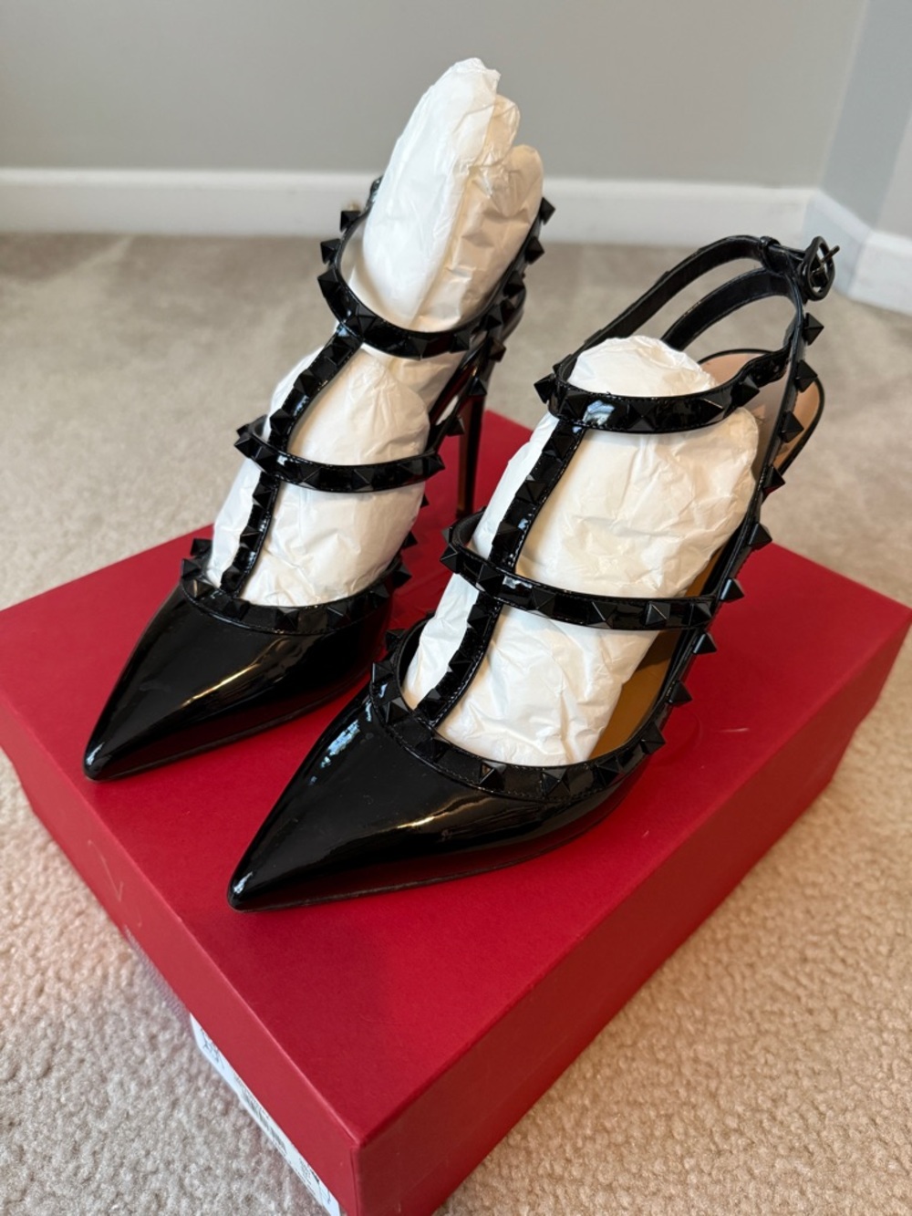 Valentino Black Patent Rockstud T-Strap Pointed Slingback Heels